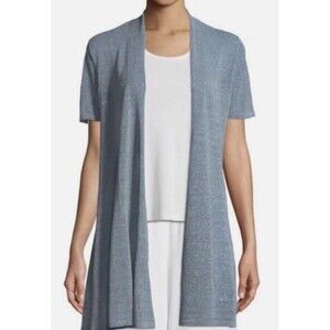 Eileen Fisher Cardigan Womens XS Blue Linen Blend Open Metallic Coastal Beach
